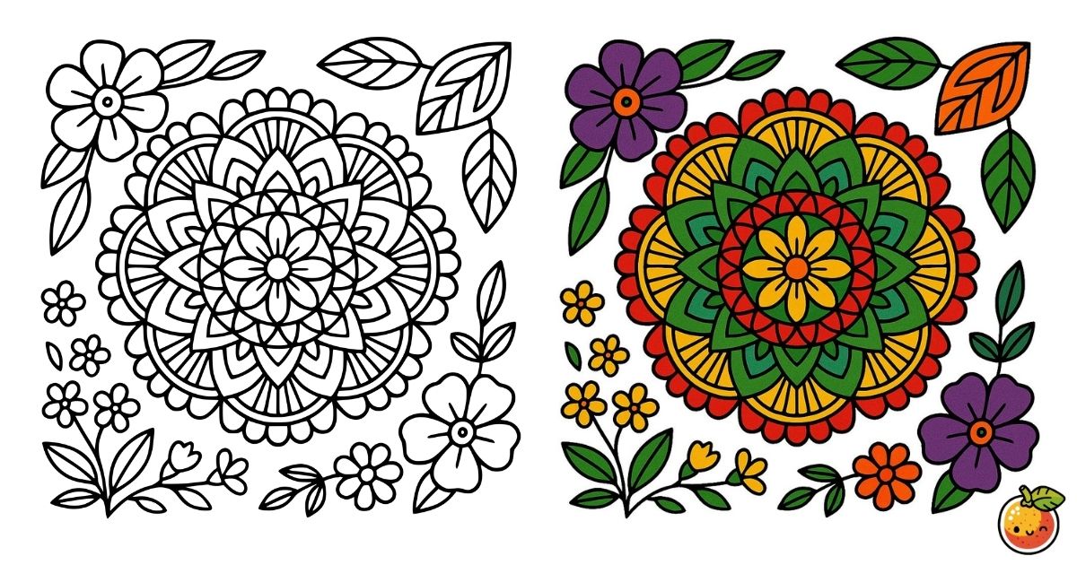 色彩の花輪の塗り絵（曼荼羅の塗り絵）／Colorful floral wreath – mandala coloring page