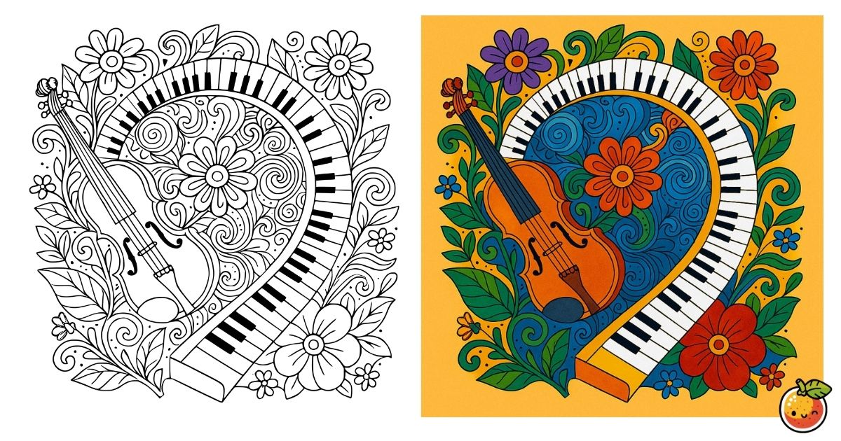 花と音符のワルツの塗り絵（植物の塗り絵）／Waltz of flowers and musical notes – plant coloring page