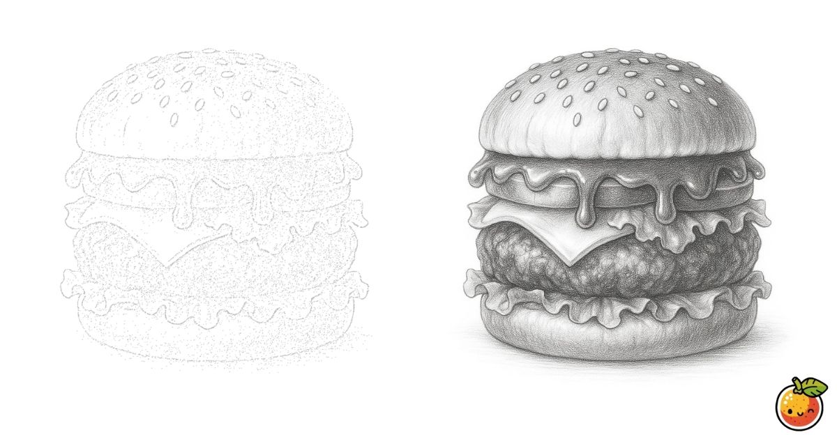 ハンバーガーの鉛筆画風塗り絵／Hamburger pencil-style coloring page
