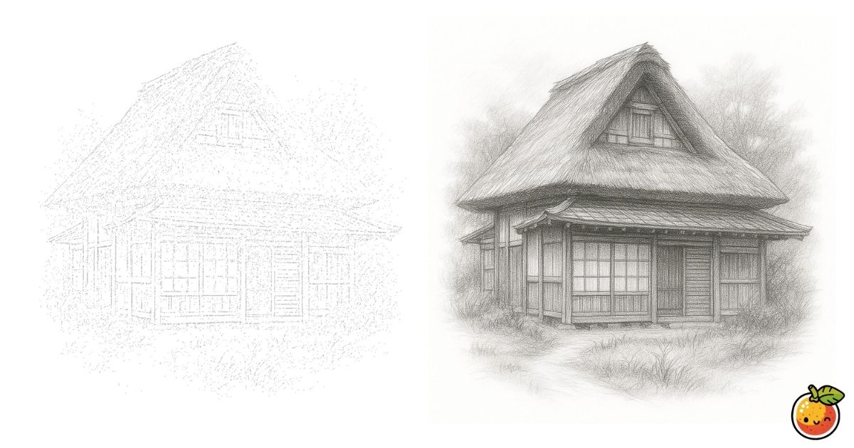 古民家の鉛筆画風塗り絵／Traditional Japanese house pencil-style coloring page