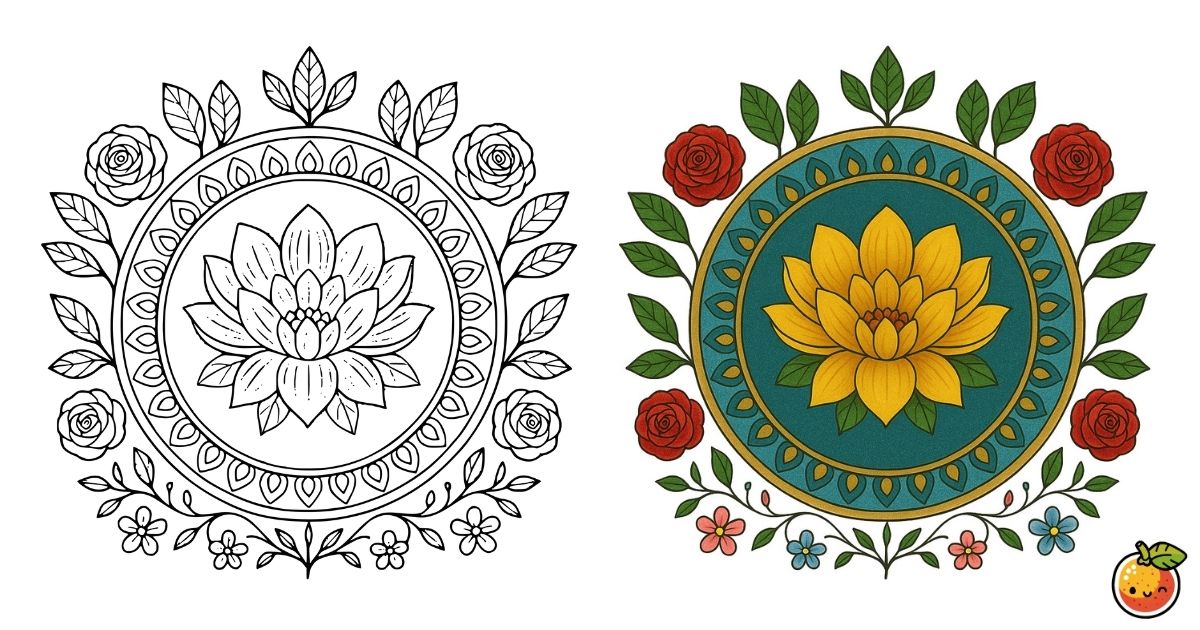 蓮華の円環の塗り絵（曼荼羅の塗り絵）／Lotus flower ring – mandala coloring page