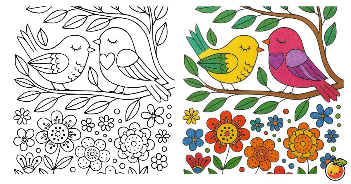 小鳥たちの恋の庭の塗り絵（花と鳥の塗り絵）／Garden of love with little birds – flower and bird coloring page