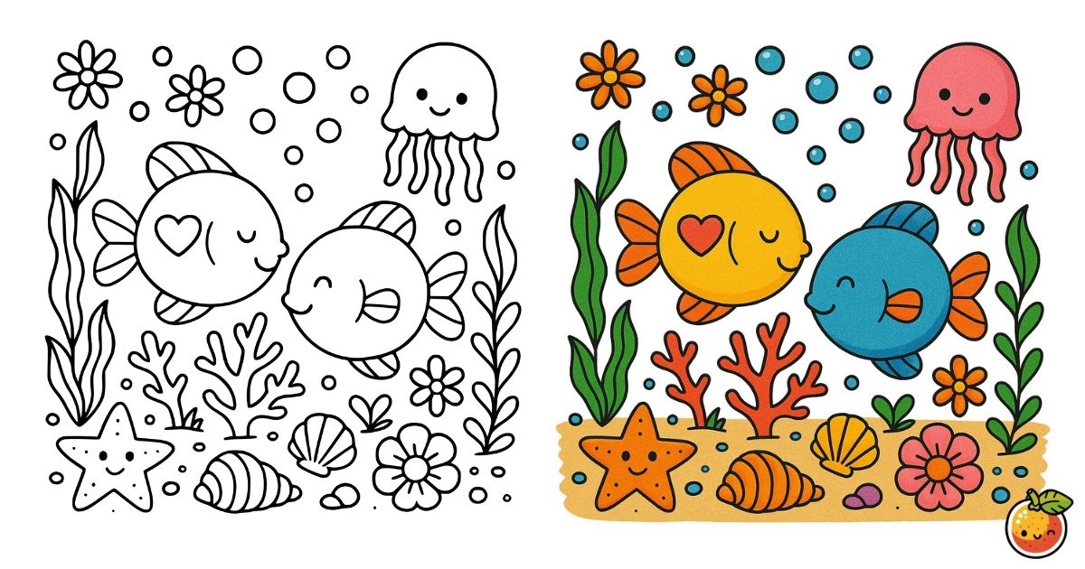 にぎやか海底パラダイスの塗り絵（魚と海の塗り絵）／Lively undersea paradise – fish and ocean coloring page