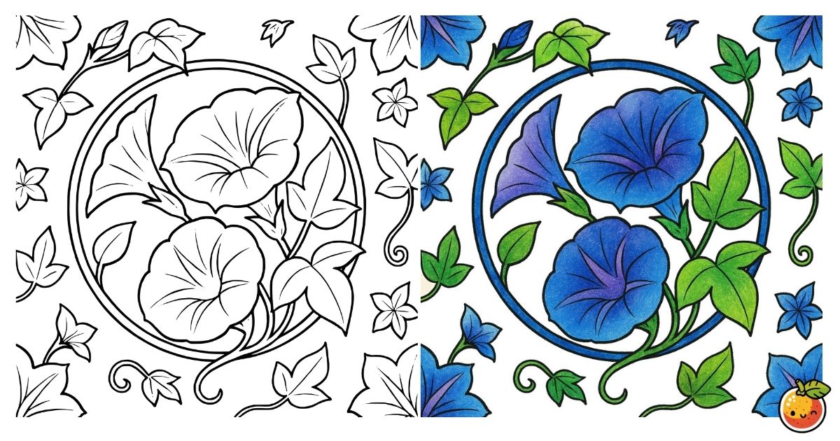 藍に咲く朝顔の塗り絵（植物の塗り絵）／Morning glory blooming in indigo – plant coloring page