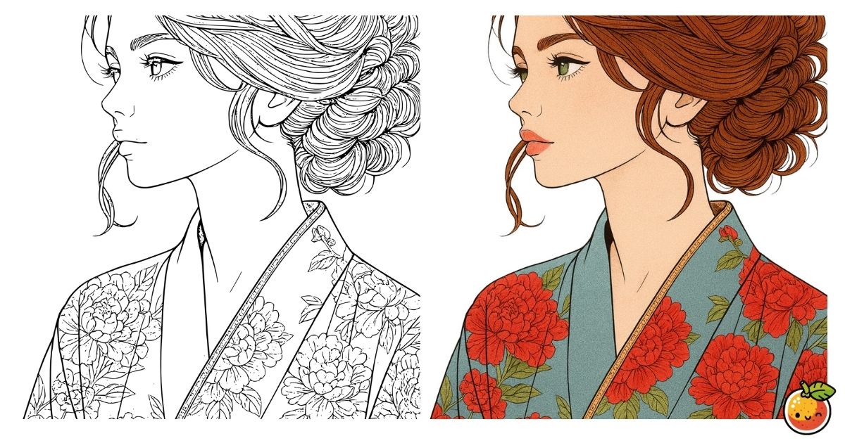 椿のごとくの塗り絵（着物の塗り絵）／Like a camellia – kimono coloring page