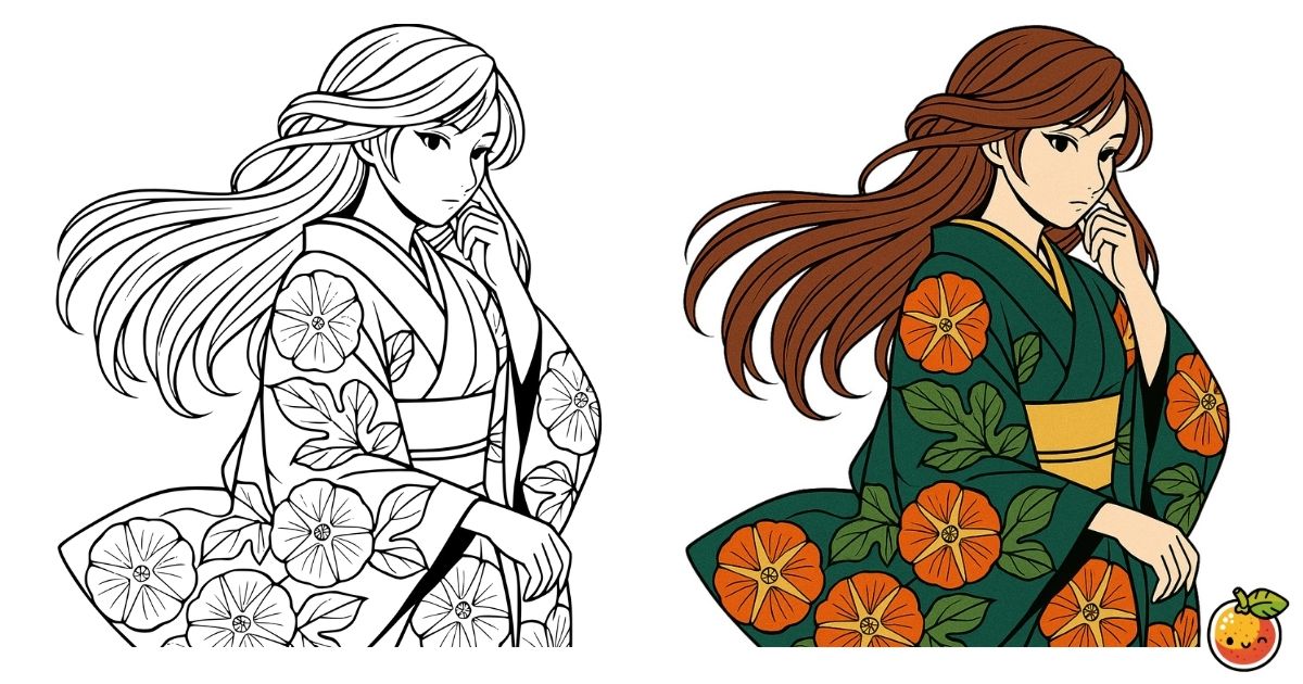 朝顔の憧憬の塗り絵（着物の塗り絵）／Admiration of morning glories – kimono coloring page