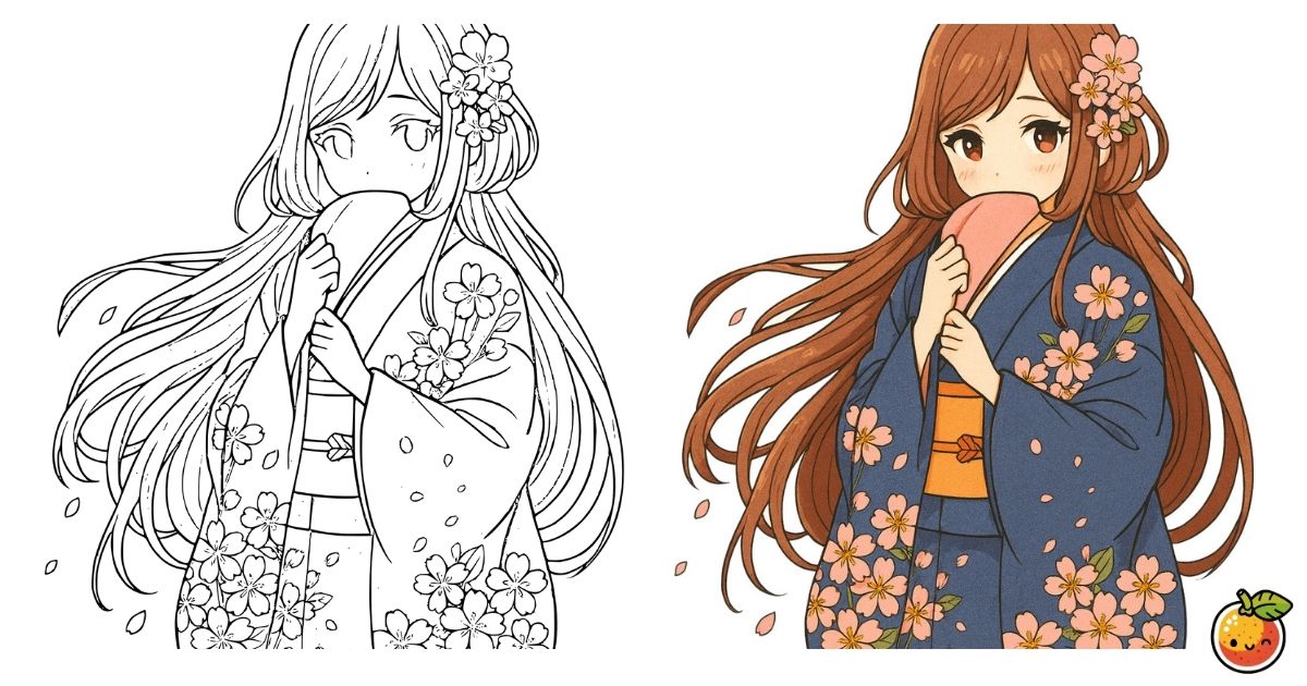 春待ちの乙女の塗り絵（着物の塗り絵）／Maiden awaiting spring – kimono coloring page
