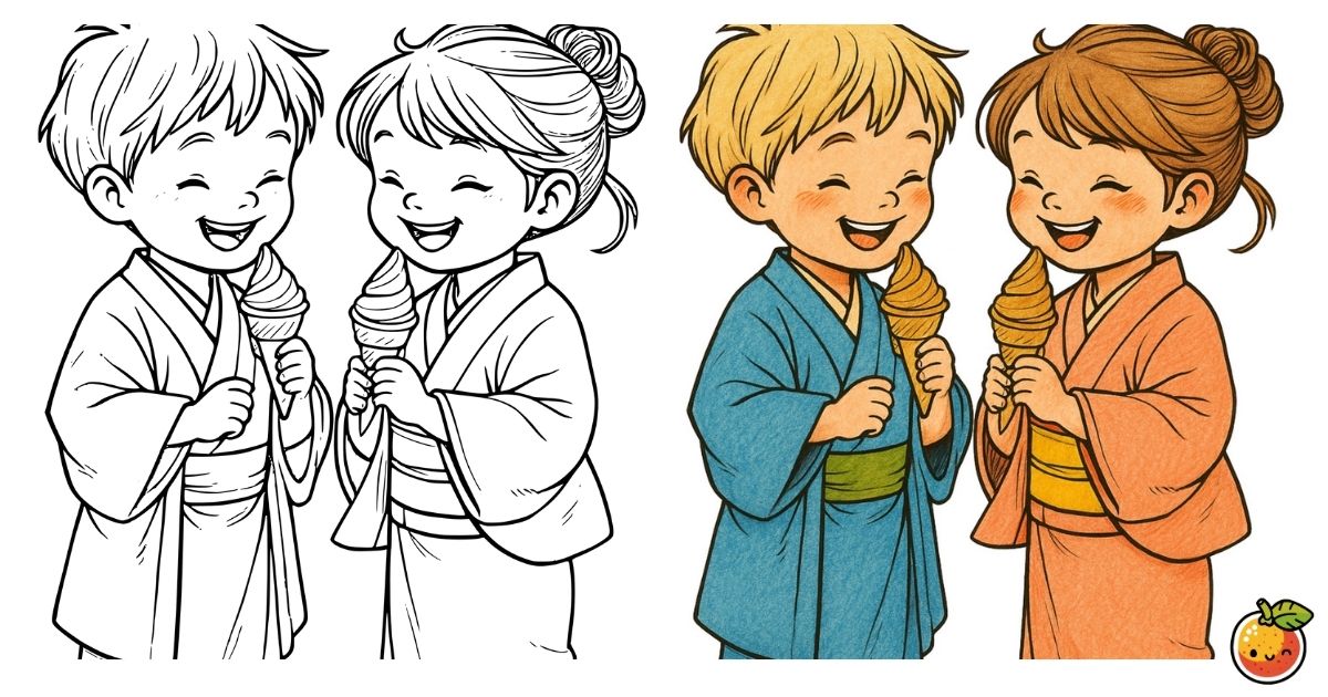 ソフトクリームと夏の思い出の塗り絵（着物の塗り絵）／Soft serve ice cream and summer memories – kimono coloring page