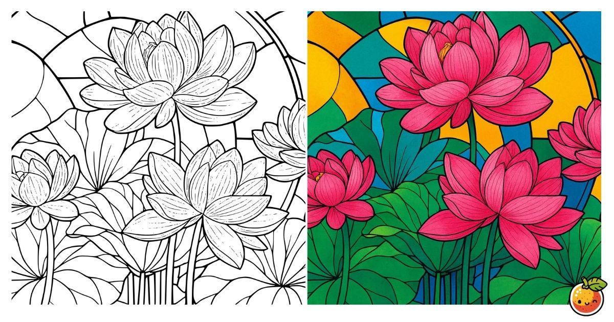 極彩色の蓮園の塗り絵（ステンドグラスの塗り絵）／Brilliantly colored lotus garden – stained glass coloring page