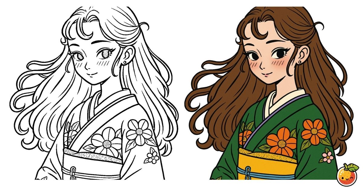 緑彩の華やぎの塗り絵（着物の塗り絵）／Radiance of green hues – kimono coloring page