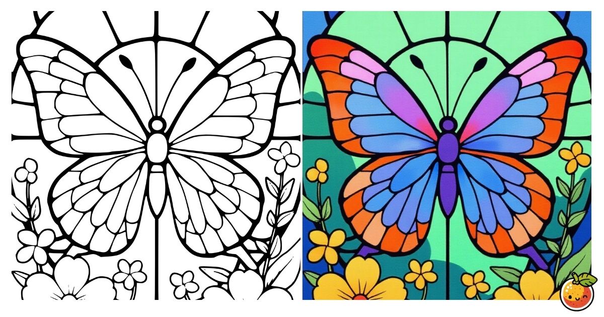 光に舞う蝶の塗り絵（ステンドグラスの塗り絵）／Butterfly dancing in the light – stained glass coloring page