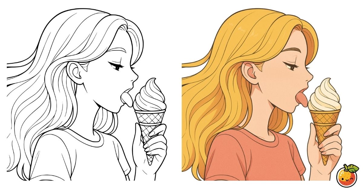 夏のひとくちの塗り絵（人物の塗り絵）／A summer bite – character coloring page