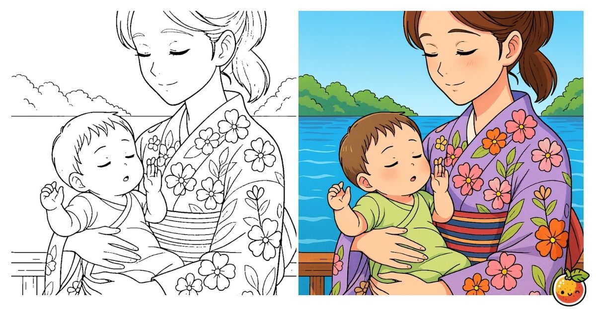 湖畔のやすらぎの塗り絵（人物の塗り絵）／Lakeside tranquility – character coloring page