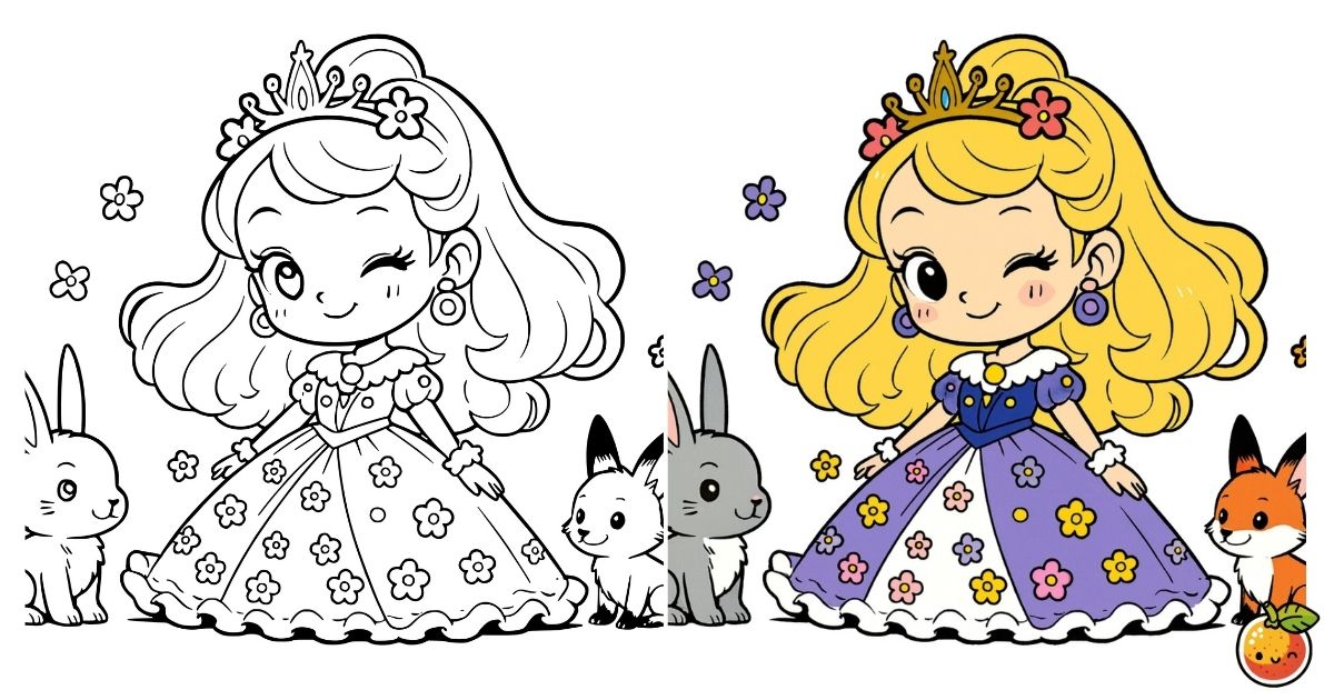 お花の国のプリンセスの塗り絵（ファンタジーの塗り絵）／Princess of the flower kingdom – fantasy coloring page