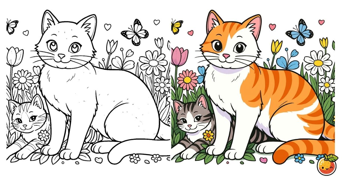 花園の親子猫の塗り絵（動物の塗り絵）／Parent and kitten in a flower garden – animal coloring page