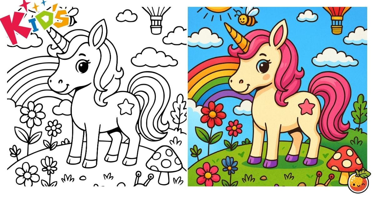 虹の丘のユニコーンの塗り絵（ファンタジーの塗り絵）／Unicorn on a rainbow hill – fantasy coloring page