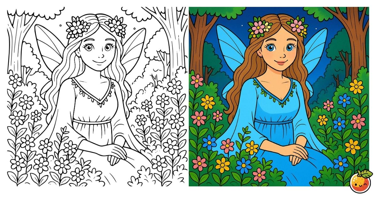 月夜に咲く妖精の塗り絵（ファンタジーの塗り絵）／Fairy blooming on a moonlit night – fantasy coloring page