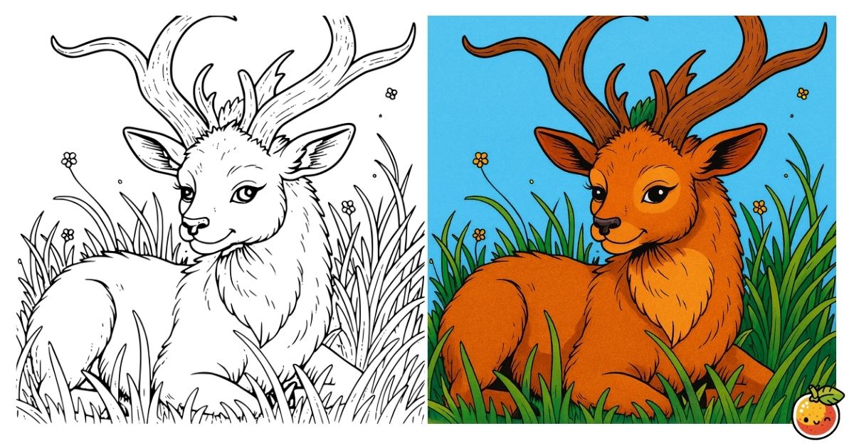青空と鹿の塗り絵（動物の塗り絵）／Deer under the blue sky – animal coloring page