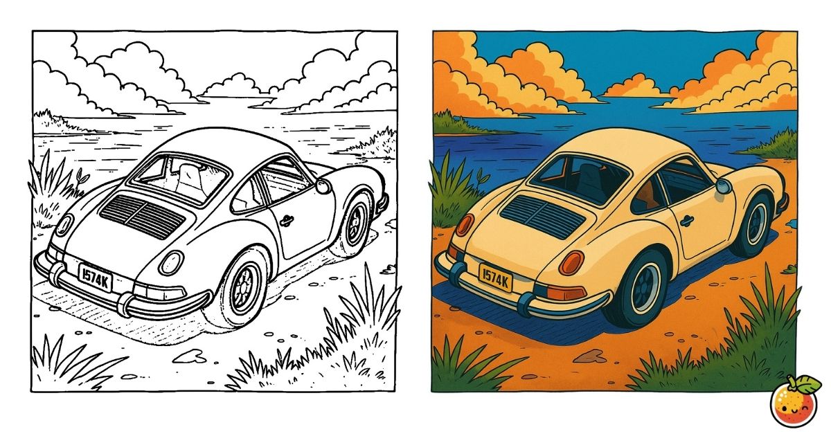 クラシックカーと水平線の塗り絵（風景の塗り絵）／Classic car and horizon – landscape coloring page