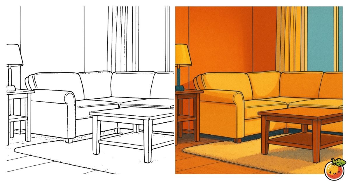 温もりのリビングルームの塗り絵（インテリアの塗り絵）／Cozy living room – interior coloring page
