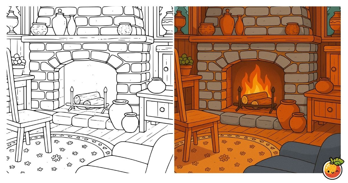 暖炉のある山小屋の塗り絵（インテリアの塗り絵）／Mountain cabin with fireplace – interior coloring page