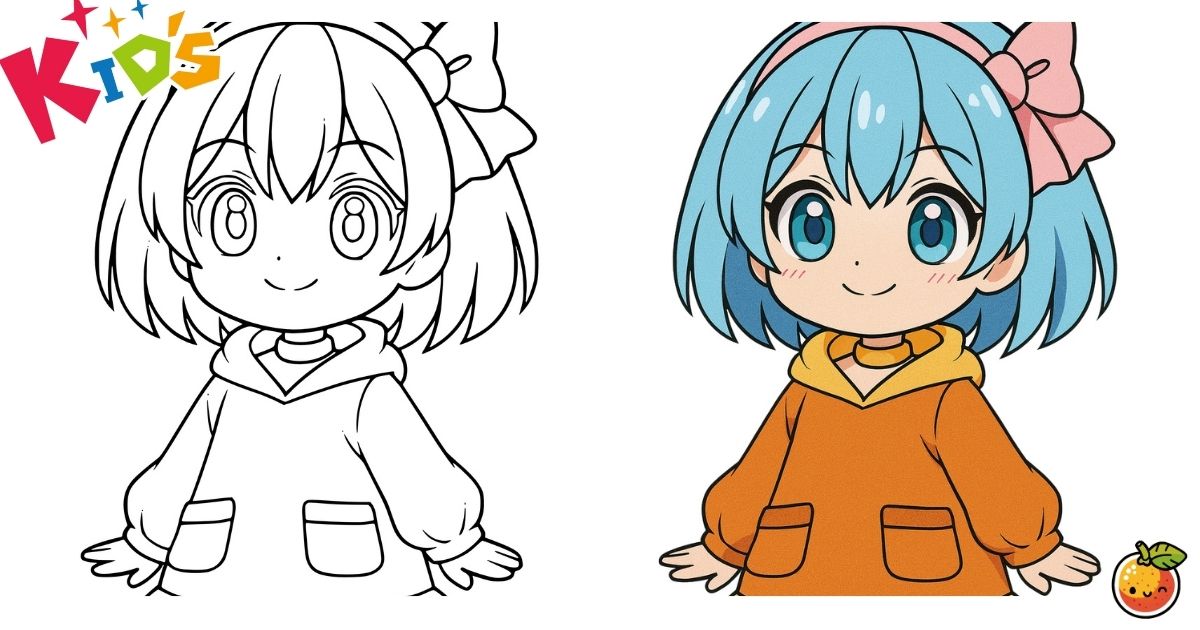 オレンジパーカーの女の子の塗り絵（子供の塗り絵）／Girl in an orange hoodie – kids coloring page