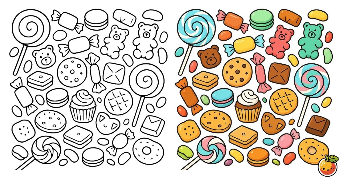カラフルスイーツコレクションの塗り絵（お菓子の塗り絵）／Colorful sweets collection – dessert coloring page