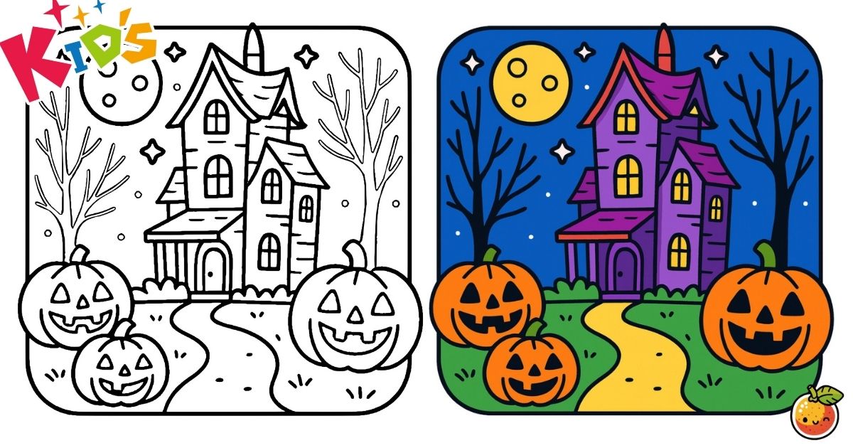 笑うカボチャたちの館の塗り絵（ハロウィンの塗り絵）／Mansion of laughing pumpkins – Halloween coloring page
