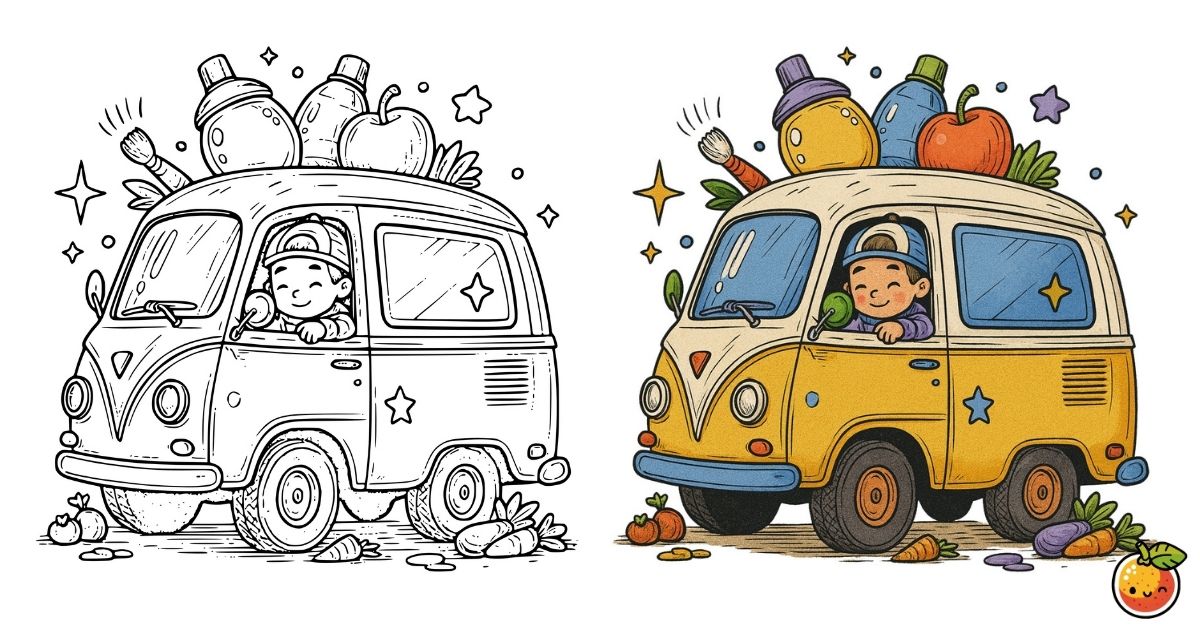 ベジタブルワゴンでGO！の塗り絵（乗り物の塗り絵）／Go with the vegetable wagon! – vehicle coloring page