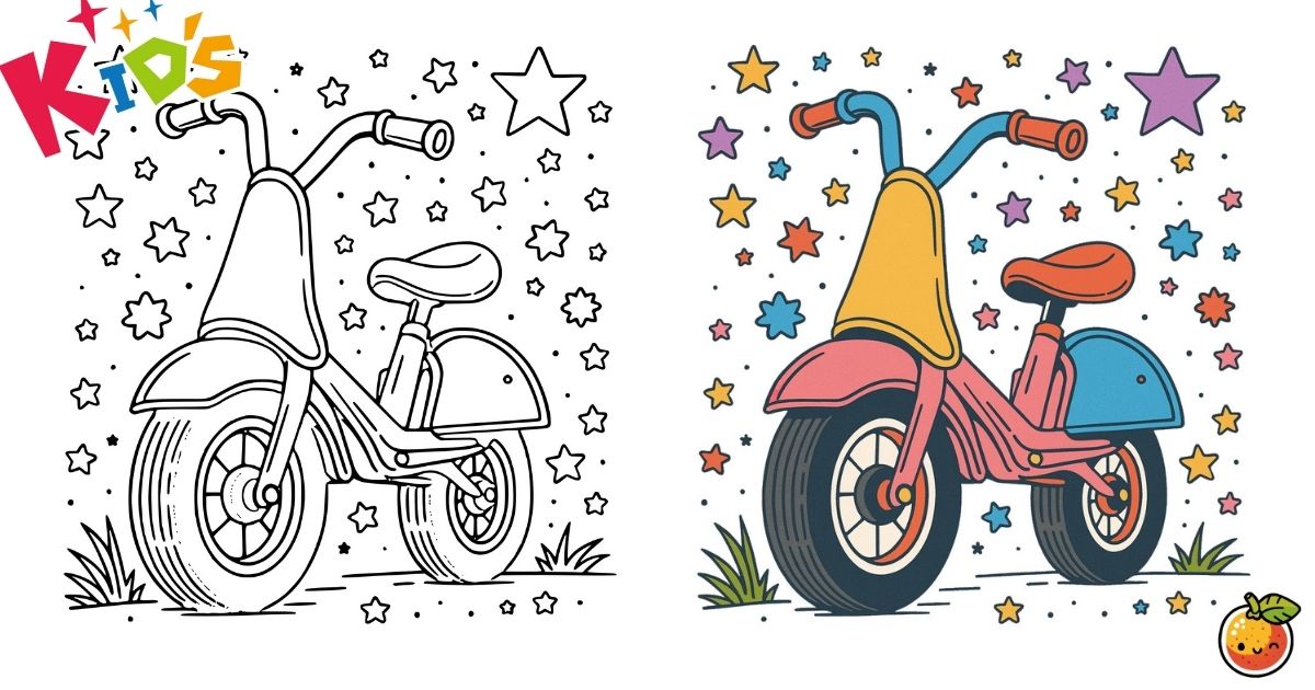 ほしぞらドライブの塗り絵（子供の塗り絵）／Starlit night drive – kids coloring page