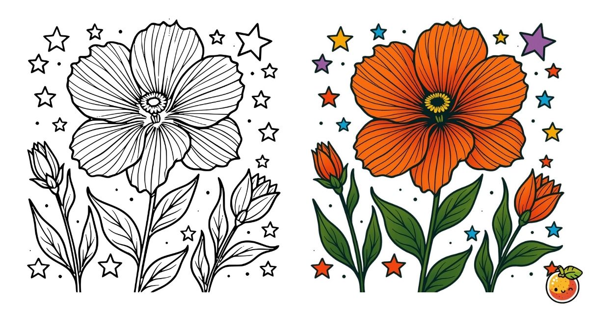 星とオレンジの花の塗り絵（植物の塗り絵）／Stars and orange flowers – plant coloring page