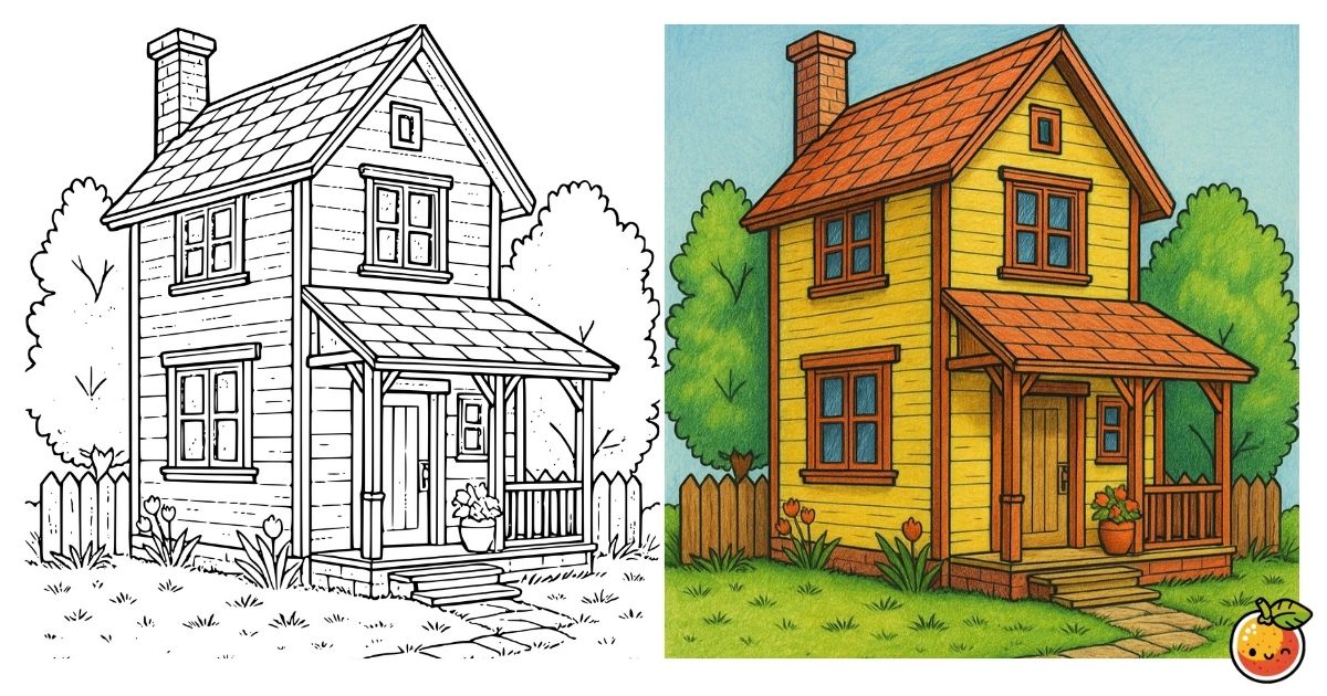 青空の下のマイホームの塗り絵（建物の塗り絵）／My home under the blue sky – building coloring page