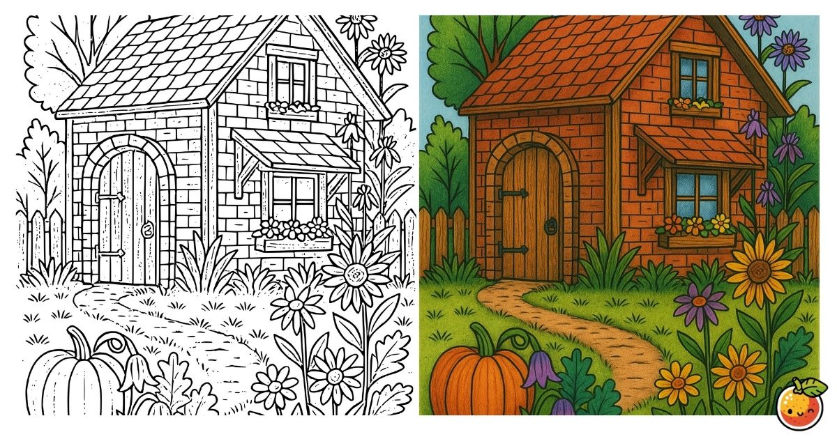かぼちゃと小さなレンガの家の塗り絵（建物の塗り絵）／Pumpkins and a little brick house – building coloring page