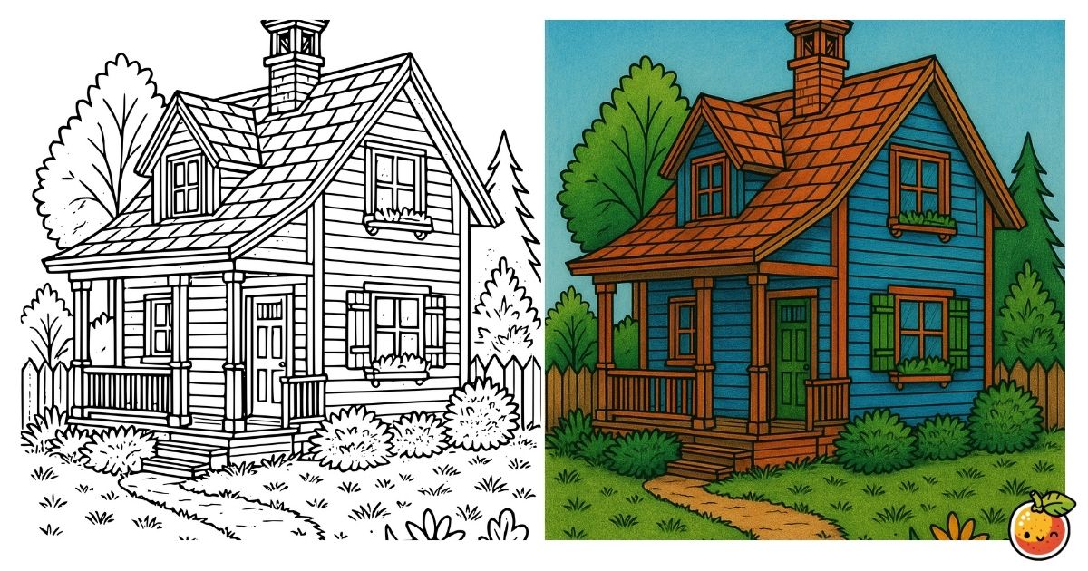 森の小道と青い家の塗り絵（建物の塗り絵）／Forest path and blue house – building coloring page