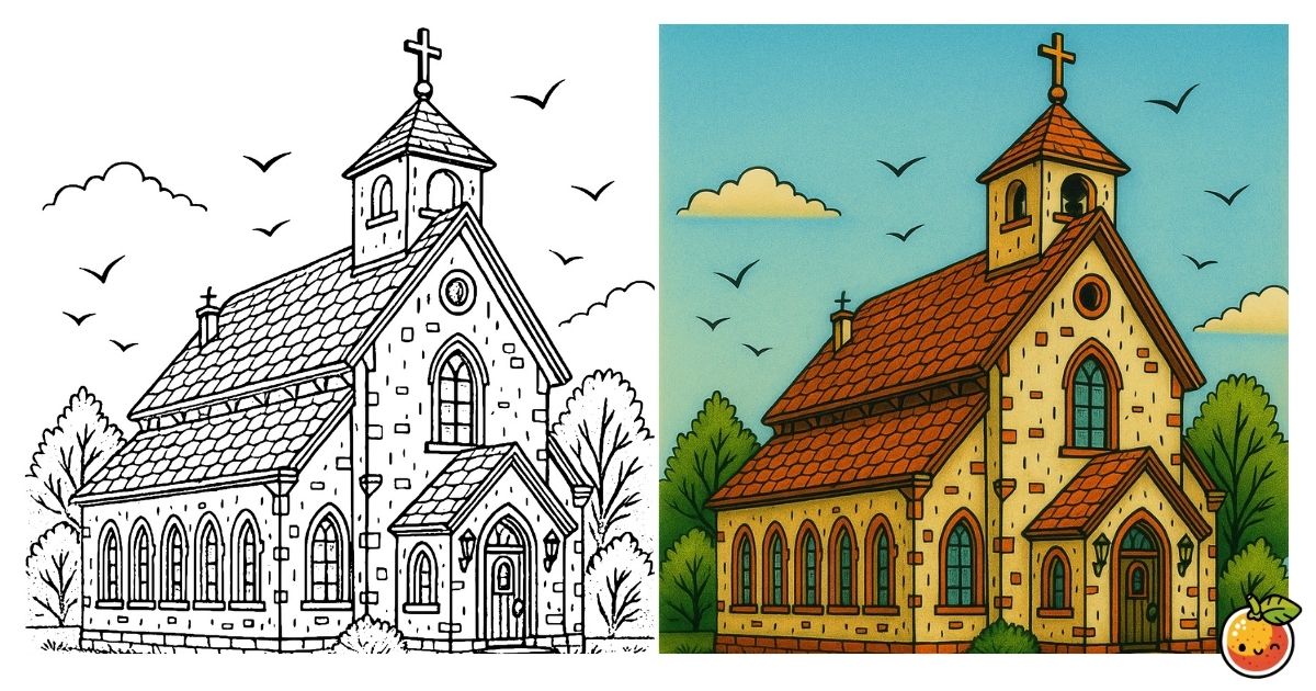 森に佇む教会の塗り絵（建物の塗り絵）／Church standing in the forest – building coloring page
