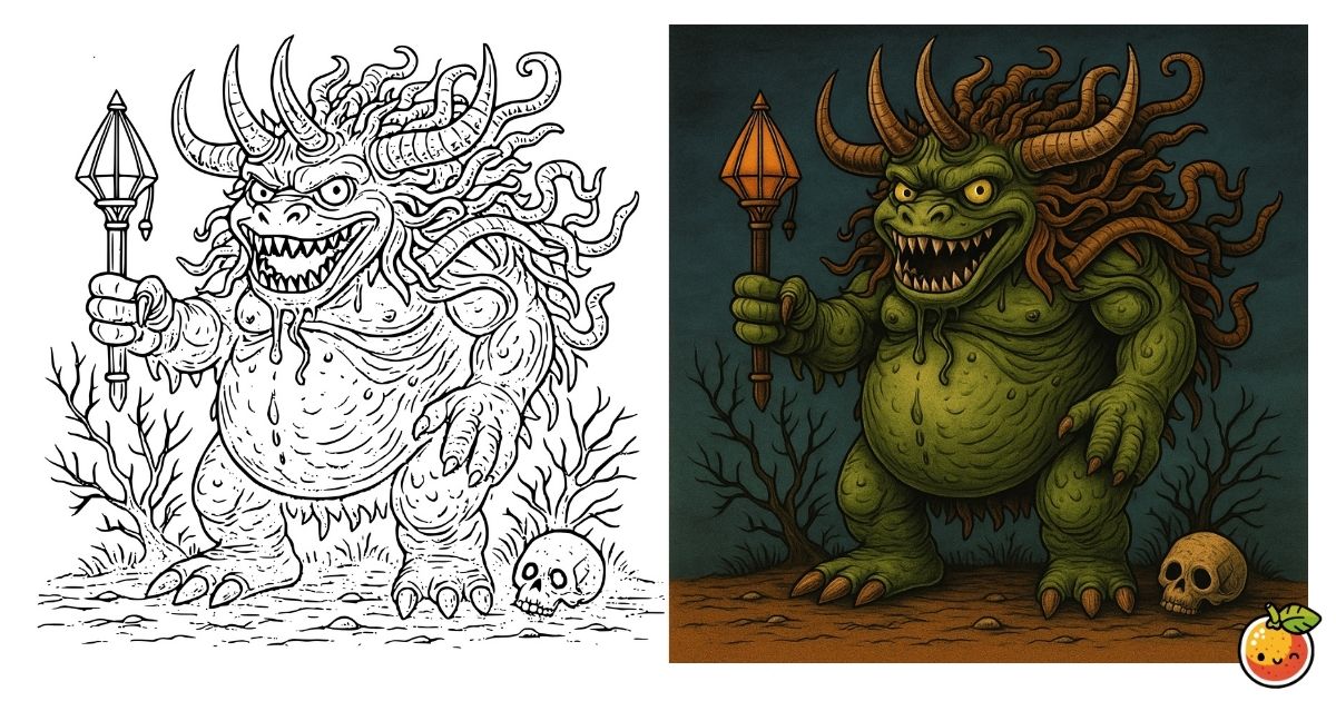 暗闇を徘徊する巨鬼の塗り絵（モンスターの塗り絵）／Giant ogre roaming in darkness – monster coloring page