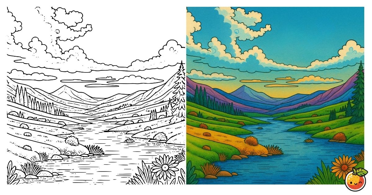 黄昏のリバーサイドの塗り絵（風景の塗り絵）／Riverside at twilight – landscape coloring page