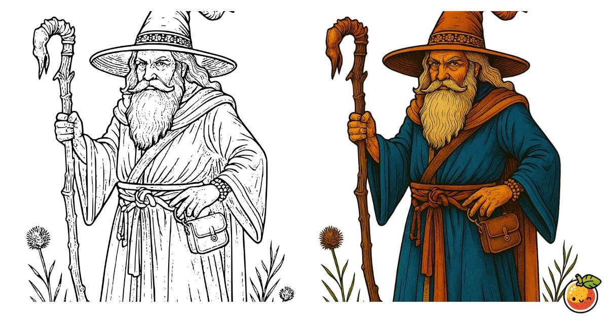 放浪のウィザードの塗り絵（ファンタジーの塗り絵）／Wandering wizard – fantasy coloring page