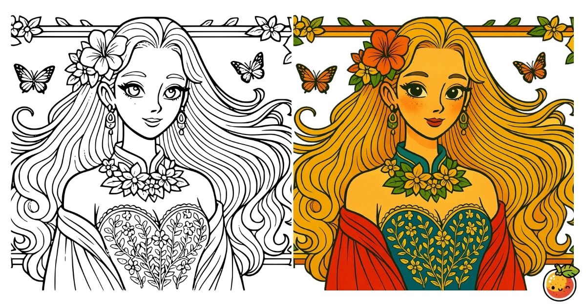 花に囲まれた麗しの貴婦人の塗り絵（人物の塗り絵）／Elegant lady surrounded by flowers – character coloring page