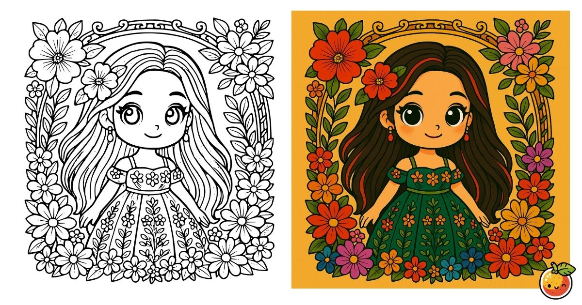 緑のドレスと秘密の庭の塗り絵（人物の塗り絵）／Lady in green dress and secret garden – character coloring page