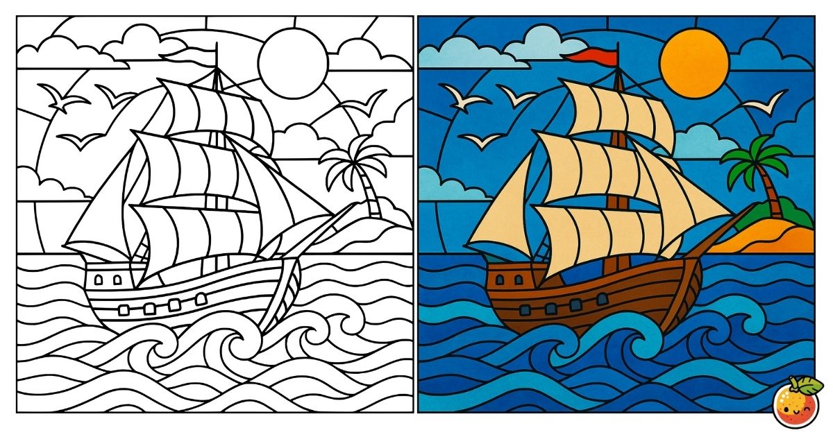 青海を駆ける帆船の塗り絵（ステンドグラスの塗り絵）／Sailing ship across the blue sea – stained glass coloring page