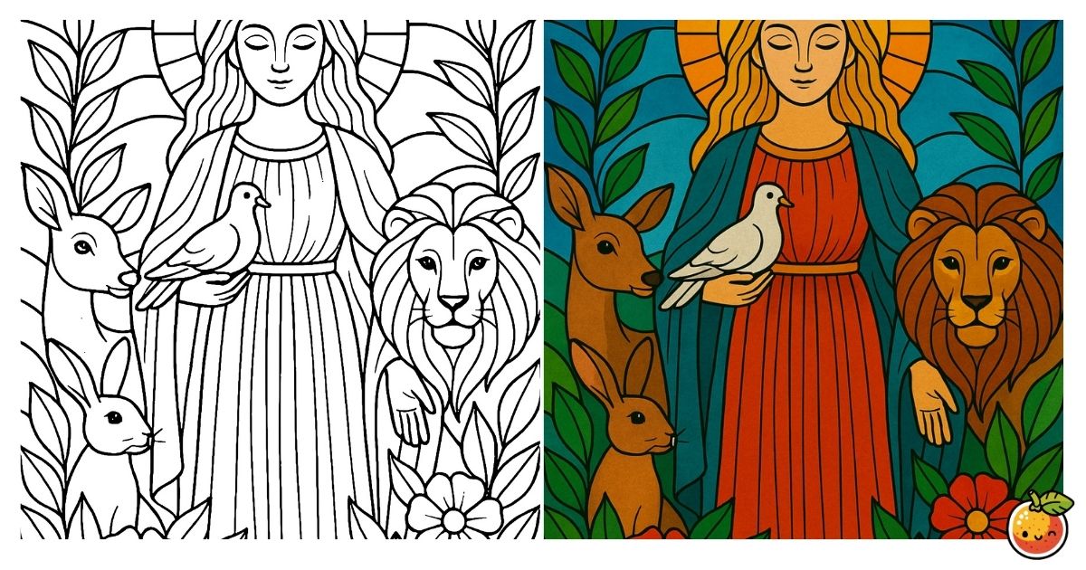 慈しみの聖女の塗り絵（ステンドグラスの塗り絵）／Saint of compassion – stained glass coloring page