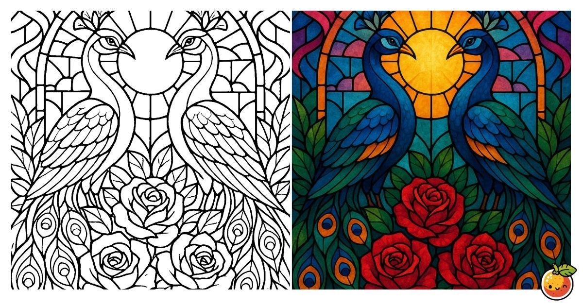 薔薇と双光の舞の塗り絵（ステンドグラスの塗り絵）／Dance of roses and twin lights – stained glass coloring page