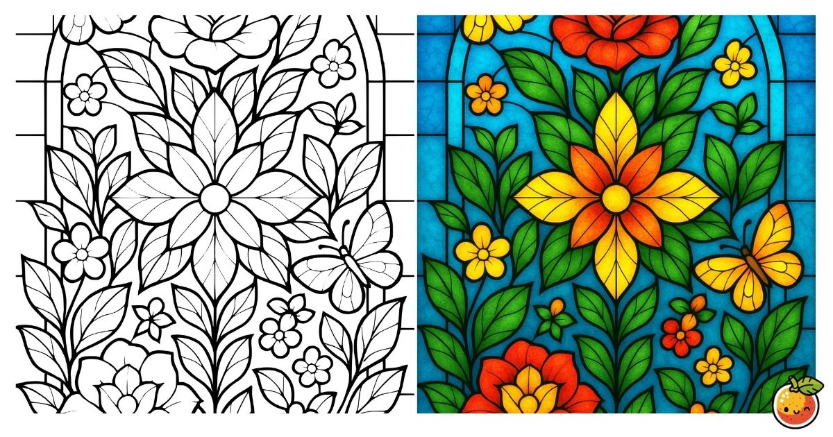 光の庭の塗り絵（ステンドグラスの塗り絵）／Garden of light – stained glass coloring page