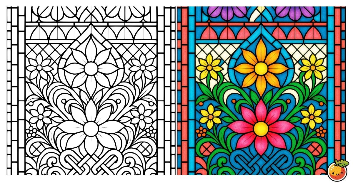 光の花譜の塗り絵（ステンドグラスの塗り絵）／Floral score of light – stained glass coloring page