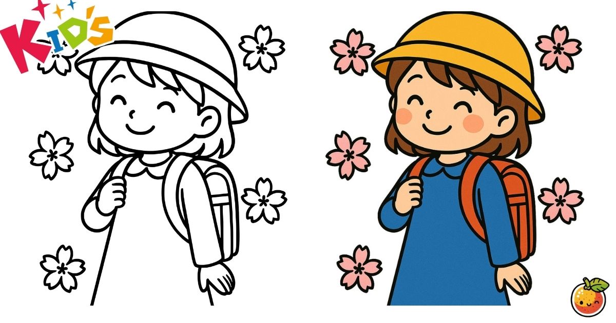 ランドセルとさくらの塗り絵（子供の塗り絵）／School bag and cherry blossoms – kids coloring page