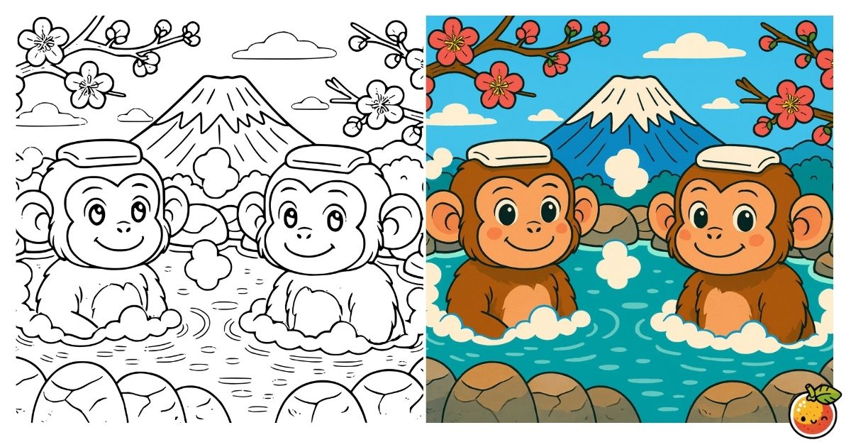 おさるの湯けむり日和の塗り絵（風景の塗り絵）／Monkeys enjoying a steamy hot spring day – landscape coloring page