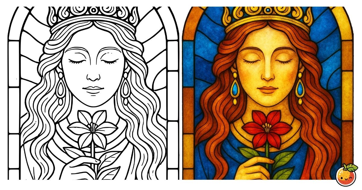 慈しみの聖女の塗り絵（ステンドグラスの塗り絵）／Saint of mercy and compassion – stained glass coloring page