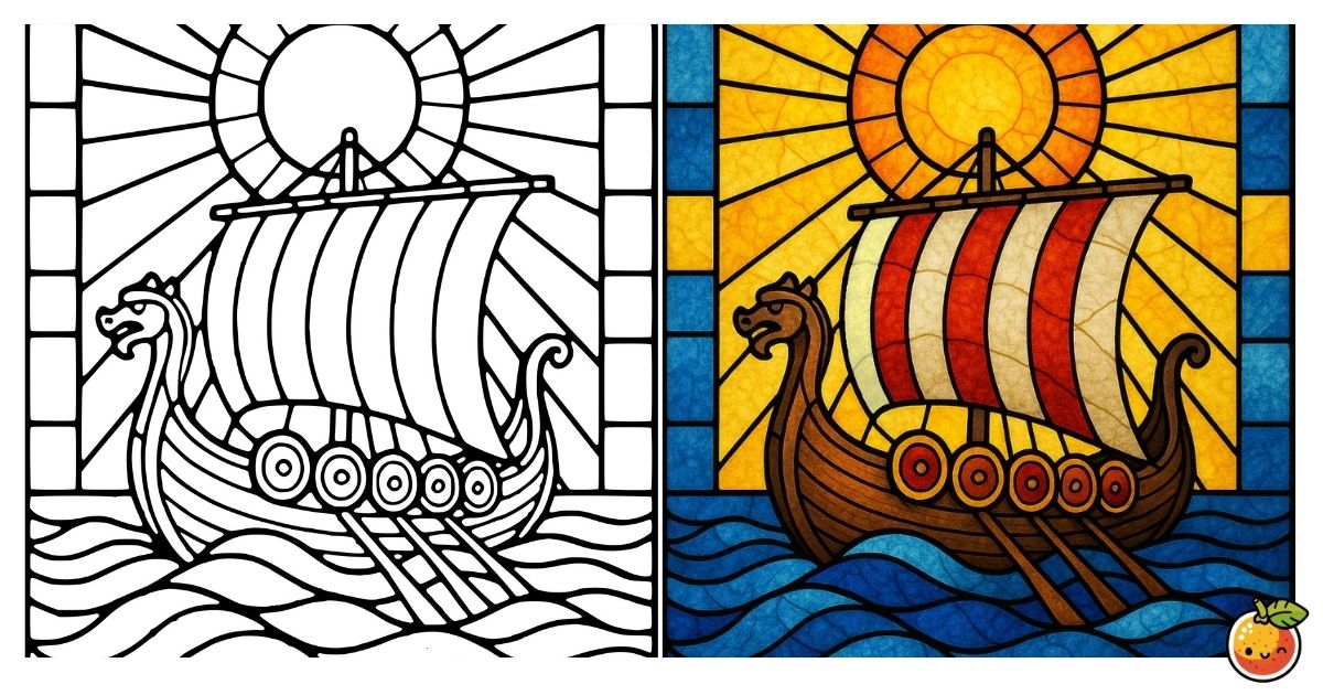 陽光の船影の塗り絵（ステンドグラスの塗り絵）／Silhouette of a ship in sunlight – stained glass coloring page