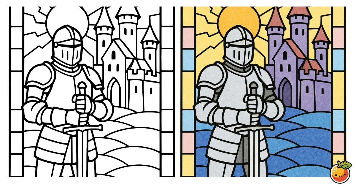 黎明の騎士の塗り絵（ステンドグラスの塗り絵）／Knight of the dawn – stained glass coloring page